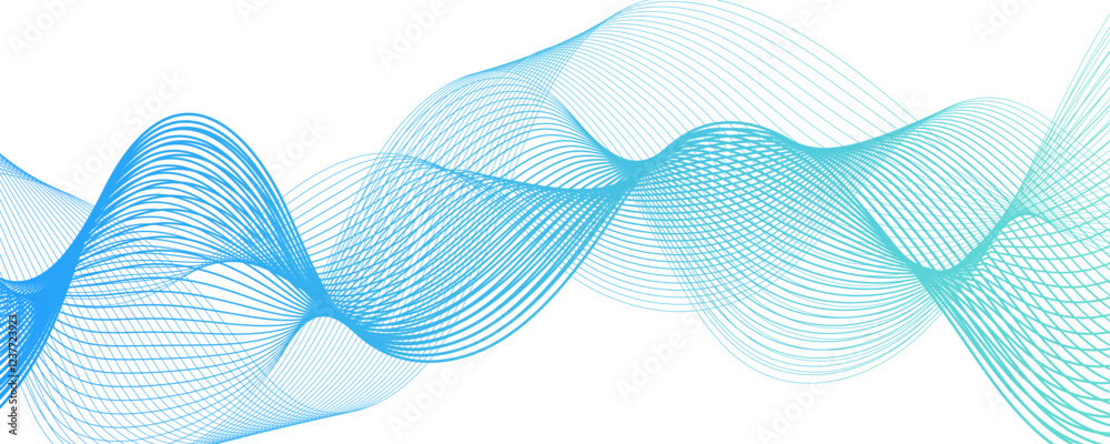 Poster Abstract muted background with azure wavy lines. Swirl wave teal color flow smooth design. Concept business presentation, Brochure, Flyer, Science, Technology. Pattern striped line curve flow