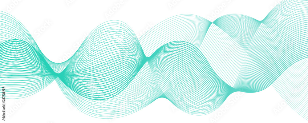 Poster Abstract muted background with azure wavy lines. Swirl wave teal color flow smooth design. Concept business presentation, Brochure, Flyer, Science, Technology. Pattern striped line curve flow
