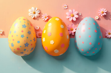 colorful Easter eggs on a pink and blue floral background. Easter background, Easter greeting card