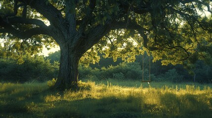 Fototapeta premium Majestic Tree with Swing in Serene Green Landscape at Sunset