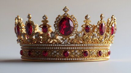 Fototapeta premium Golden Crown with Red Jewels on White Background