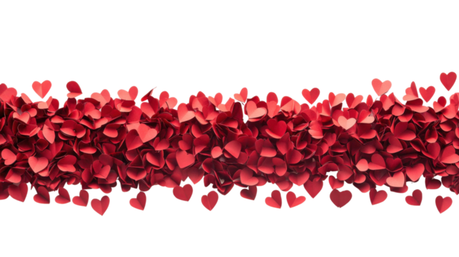 Endless stream of red paper hearts on transparent background