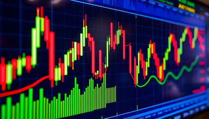 Stock market chart, candlestick graph, financial data visualization, colorful trading display, digital investment analysis, neon price indicators, economic trends, high-contrast market statistics, vib