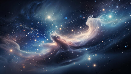 Cosmic clouds swirl in a vibrant display of starlight in deep space