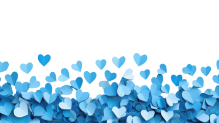 Blue paper hearts falling on transparent background representing love and affection