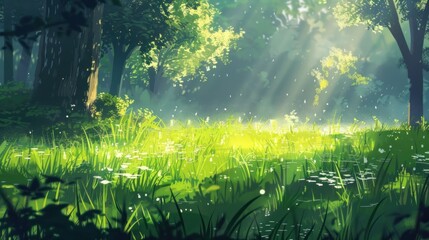 A vibrant view of sunlight on grass, highlighting the morning dew and freshness,