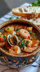 Bouillabaisse: French seafood stew with fish, shellfish, and a flavorful broth. AI generated illustration