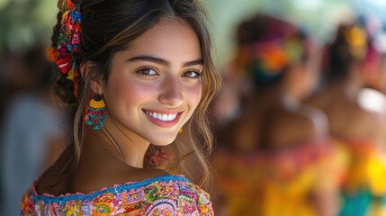 Fototapeta premium Brunette woman wearing colorful huipil smiling enjoy vacation at street festival
