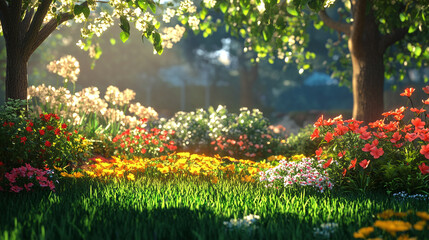 Fototapeta premium .A spring garden coming to life, vibrant flowers blooming, fresh green plants growing in the early sunshine