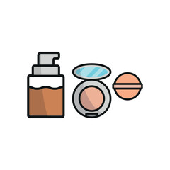 Powder puff and foundation bottle set beauty salon icon in flat style, featuring a soft powder puff and an elegant foundation bottle, perfect for makeup and beauty themes.