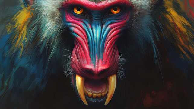 Mandril, monkey mandril open mouth, The mandrill (Mandrillus sphinx) male showing their sharp teeth