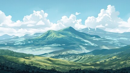 Obraz premium A wide mountain landscape, featuring rolling hills and diverse terrain,