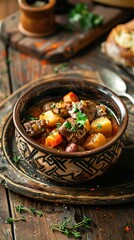 Irish dinner. Beef meat stewed with potatoes, carrots and soda bread on wooden background, top view, copy space. Homemade winter comfort food. AI generated illustration