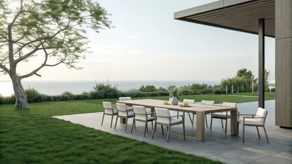 Obraz premium Outdoor setting with a long table in the center and matching chairs scattered around, , patio seating arrangement, elegant table and chairs