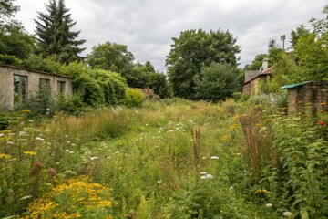 Fototapeta premium Overgrown garden with weeds and wildflowers in shades of green and brown, weeds, grunge