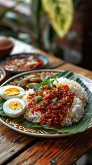nasi lemak, a traditional malay curry paste rice dish served on a banana leaf. AI generated illustration