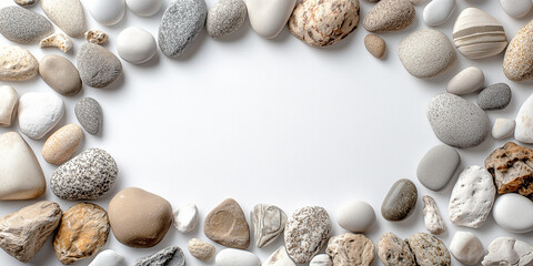Obraz premium Draufsicht auf einen Rahmen aus verschiedenen Pralinen aus Steinen Werbebanner - Postkarte- Werbeschild für Steine. 