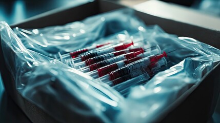 A sealed package of sterilized medical syringes ready for use in a vaccination drive