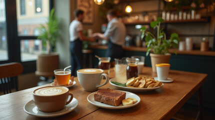 Customers savor coffee and snacks while chatting with baristas in a vibrant coffee shop. The atmosphere is warm and inviting, perfect for socializing or relaxing