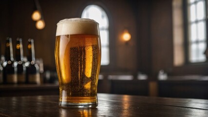 Glass of Beer on Bar Top in Pub