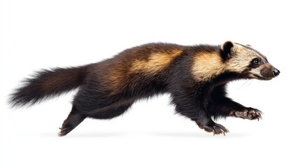 Fototapeta premium A wolverine mid-stride, its muscular body moving with power.