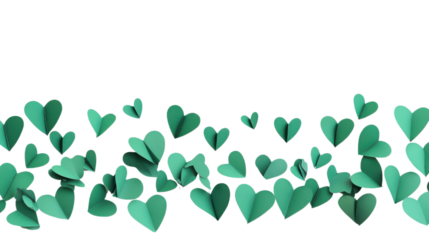 Green paper hearts floating on transparent background representing love and affection