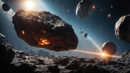 A breathtaking view of an asteroid field illuminated by distant stars