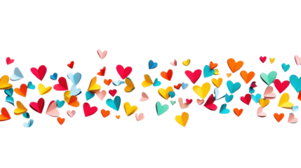 Colorful paper hearts floating on transparent background