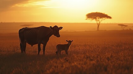 A young calf standing next to its mother in the African wilderness.