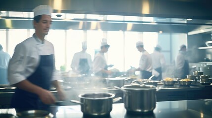 Chefs collaborating in a bustling kitchen environment