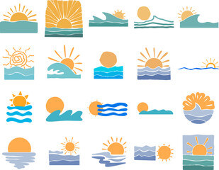 Sun and ocean wave flat design illustration for decoration on summer, nautical and summer holiday event.
