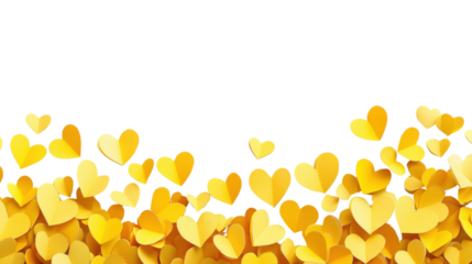 Yellow paper hearts floating on transparent background representing love and romance