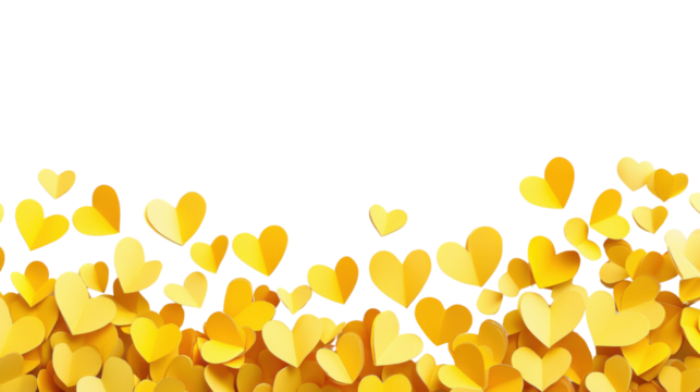 Yellow paper hearts floating on transparent background representing love and romance