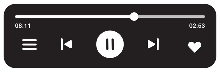 Minimalist black and white music player interface with pause button, progress bar, track duration, and playback controls for audio music media player interface template vector design icon.