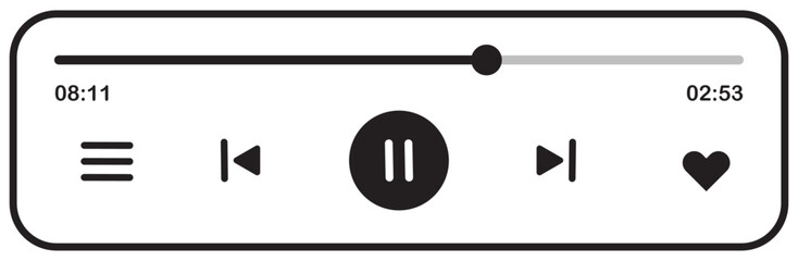 Music players for melodies, sounds, ringtones and more.   Minimalist music player interface with playback controls, progress bar, and favorite button in black and white, simple digital audio UI.
