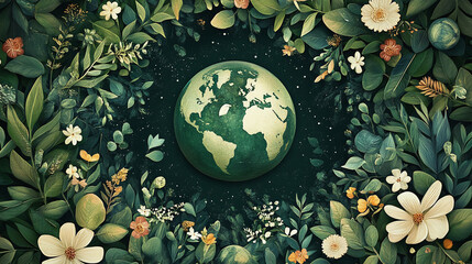 An Earth Day poster featuring green earth, trees, and sustainability symbols, surrounded by flowers and leaves
