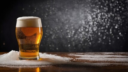 Cold Beer on Wooden Table with Frosty Background