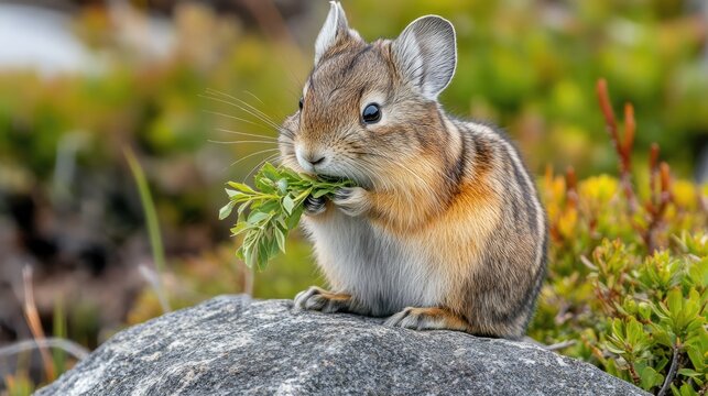 A small, fluffy pika sitting on a rock, holding a sprig of grass in its tiny paws