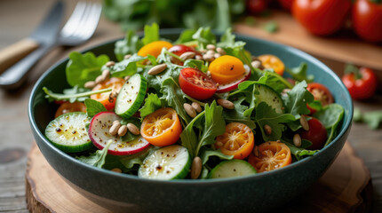 A vibrant salad featuring mixed greens, cherry tomatoes, cucumbers, and radishes topped with pine nuts is beautifully arranged in a bowl. The setting is inviting, showcasing the fresh ingredients