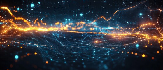 Obraz premium Abstract digital landscape with glowing lines and particles