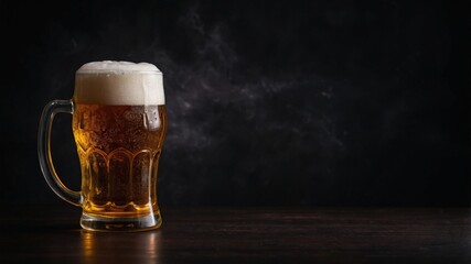 Refreshing Beer in Glass Mug on Dark Background