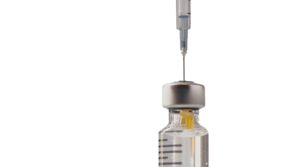 Syringe extracting vaccine from a vial on a transparent background