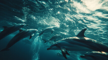 Obraz premium An epic underwater chase, a pod of dolphins evading a curious shark, the ocean world in motion with vibrant sea life