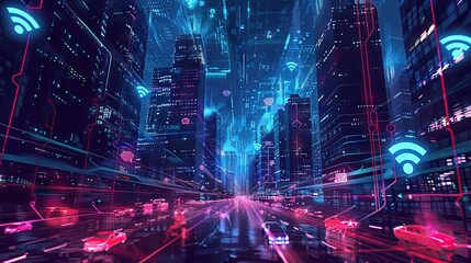 Obraz premium Futuristic urban skyline with digital neon buildings. AI generated illustration