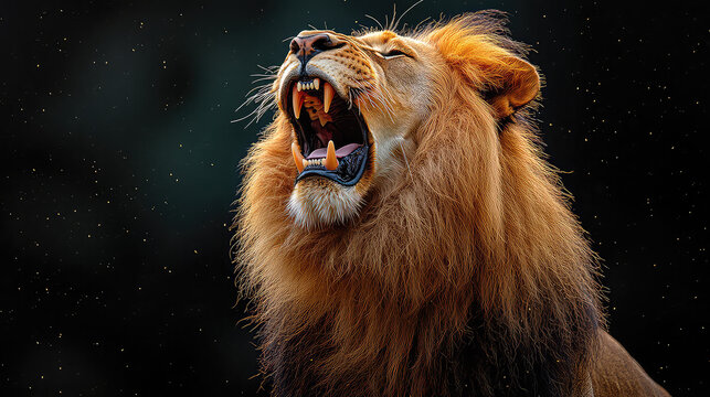 Majestic male lion roaring with mouth open, showcasing sharp teeth and mane against a dark background with golden sparkles.
