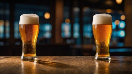 Two Glasses of Beer on a Bar,Pub Atmosphere