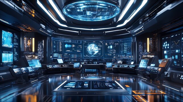 Futuristic command center monitoring global data
