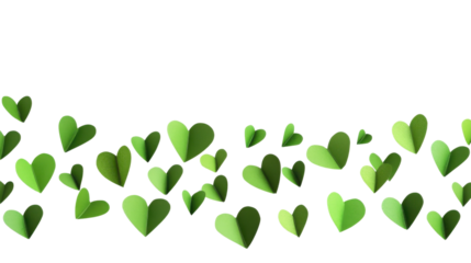 Green paper hearts floating on transparent background representing love and affection