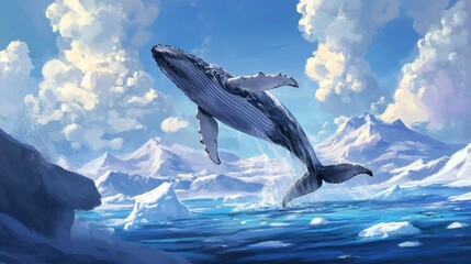 Fototapeta premium Humpback whale breaching against a backdrop of icebergs and Arctic waters.