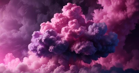 Fototapeta premium Pink purple cloud of smoke against a dark and ominous background, gloomy evening, dramatic sky, mysterious fog